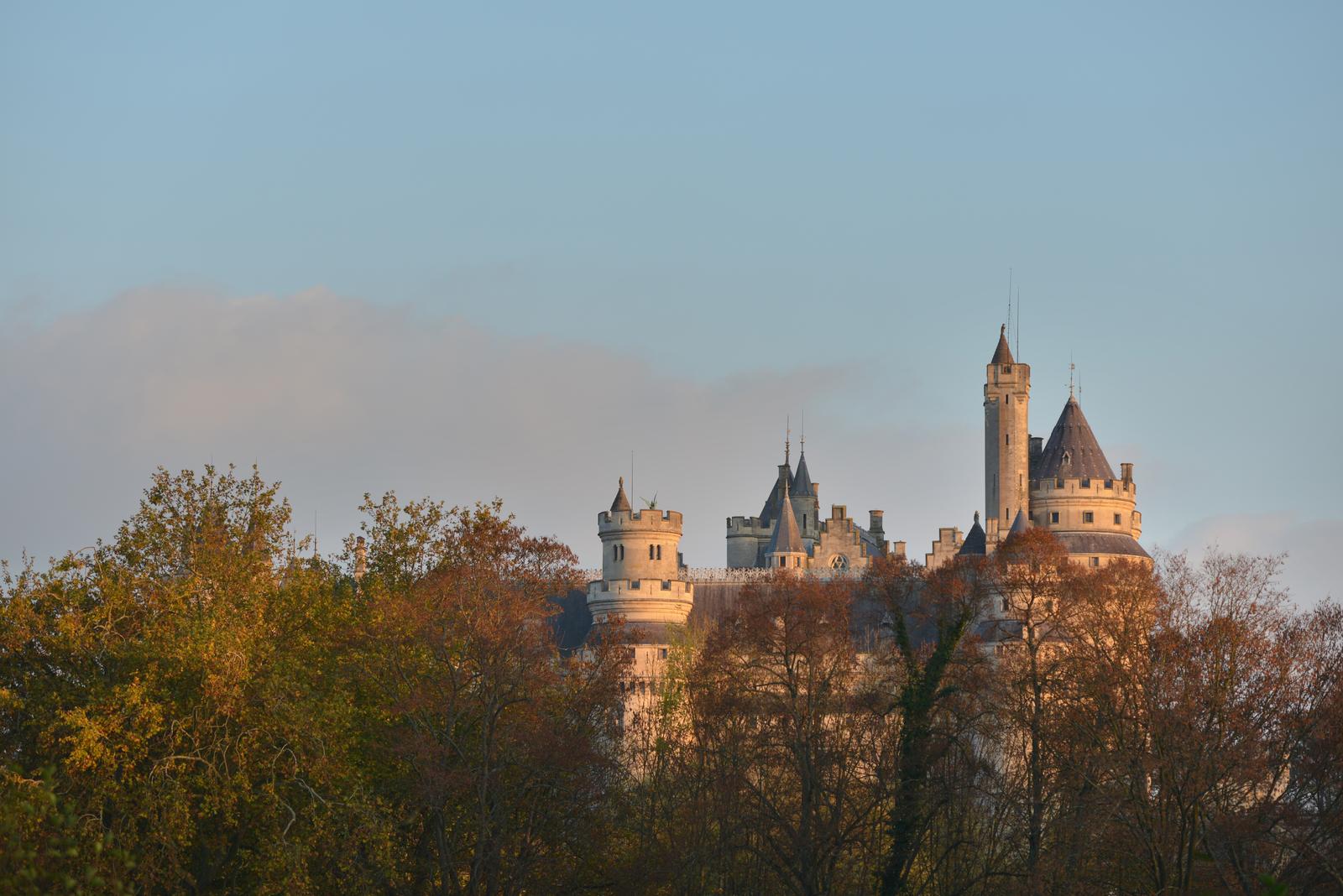 Pierrefonds : vue sur le château à travers les arbres